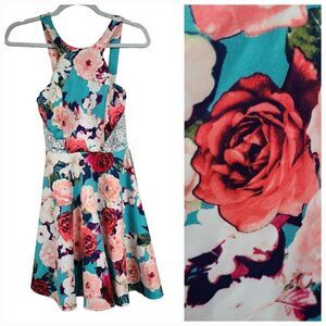 Jodi Kristopher Mint Scuba Halter Dress Rose Print Lace Cutout Sleeveless Skater